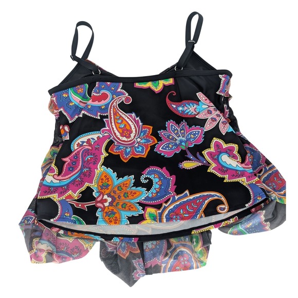 Mazu Swim Tankini Top L Black Paisley Mesh Tiered Babydoll Ruffle Boho Beachy - Picture 2 of 10